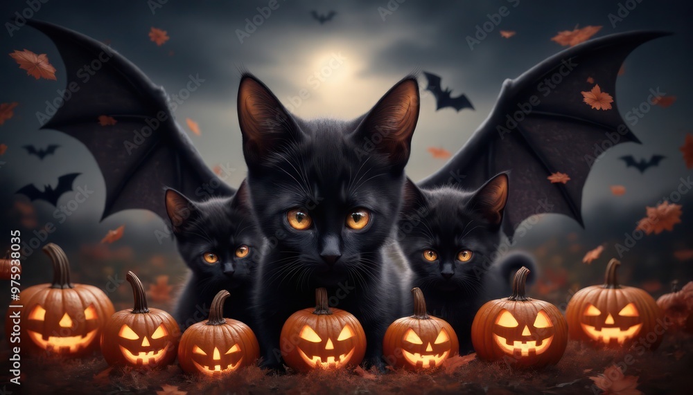 Fototapeta premium Halloween banner featuring a cute blak cats Halloween attributes, small pumpkins on orange and black background