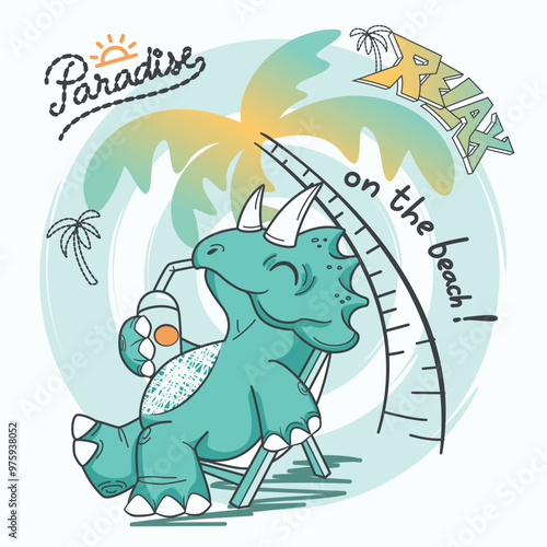 Happy little dinosaur triceratops drinking juice on sea beach on his vacation on white background illustration vector, T-shirt graphic design.