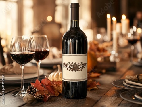 Wine Bottle and Glasses on a Wooden Table with Autumn Decor photo