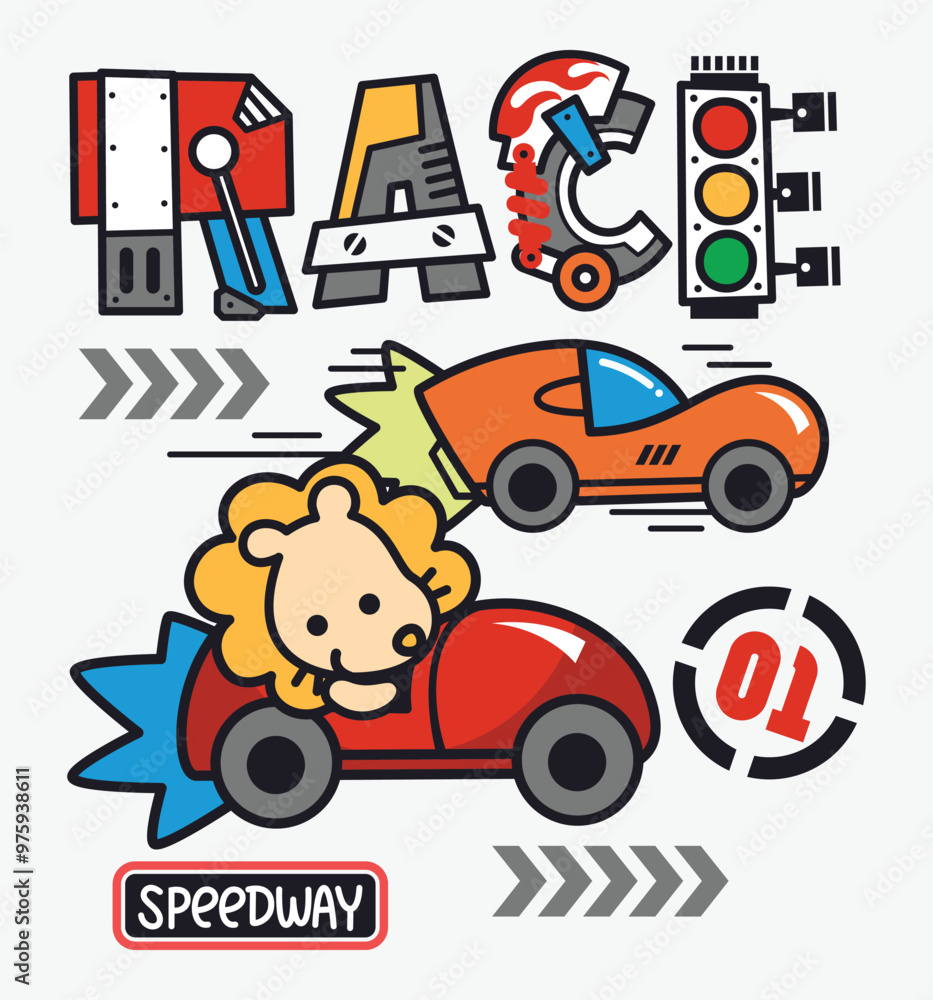 Fototapeta premium Cute racing cars typography t-shirt graphic with baby lion cartoon driving race car isolated on white background illustration,Vector print for children wear.