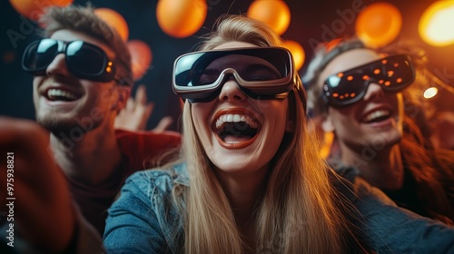 Group of friends wearing Halloweenthemed smart glasses, surrounded by animated decorations, hightech celebration