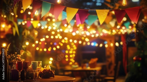 A lively party scene with colorful bunting, glowing lights, and a festive atmosphere, perfect for celebrating special occasions and events.