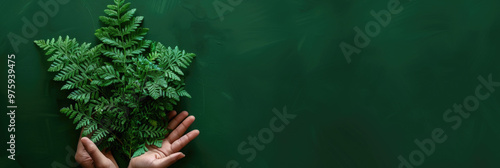 Nurturing green leaves symbolize sustainability and environmental care. hands gently cradle vibrant foliage, reflecting commitment to nature and growth photo