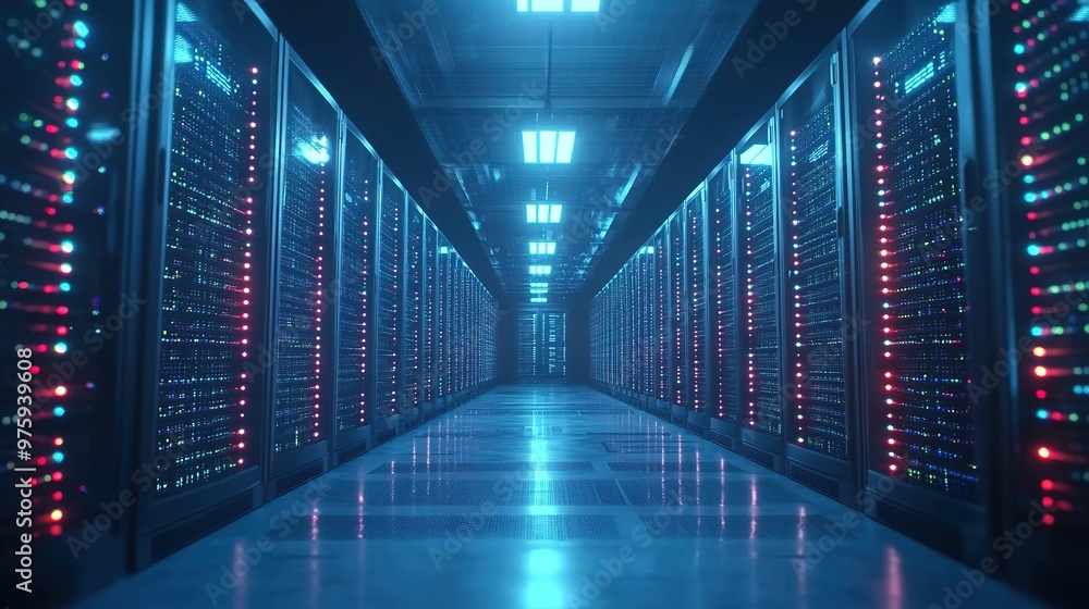 Modern server room with blue lights and symmetrical design Modern server room with blue lights and symmetrical design