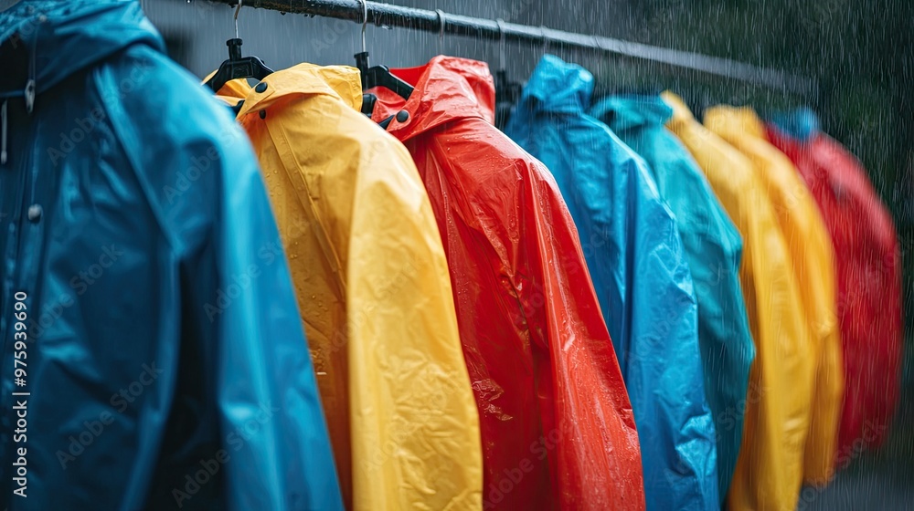 A row of colorful raincoats hanging outside, drenched from the rain. A row of colorful raincoats hanging outside, drenched from the rain.