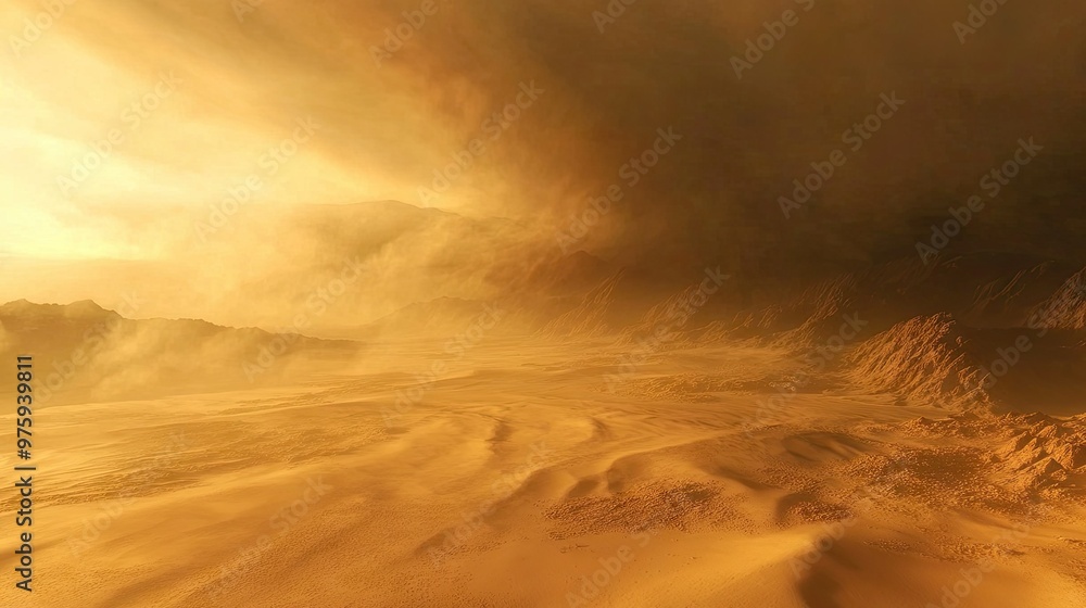 A sandstorm sweeping across the desert, reducing visibility and creating an eerie, dust-filled atmosphere. A sandstorm sweeping across the desert, reducing visibility and creating an eerie, dust-filled atmosphere.