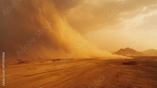 A sandstorm sweeping across the desert, reducing visibility and creating an eerie, dust-filled atmosphere.