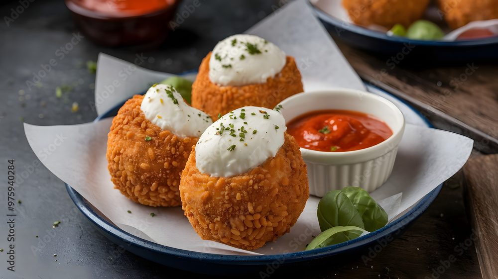 A serving of crispy cauliflower bites tossed in a buffalo sauce, served with a side of vegan ranch dressing on a rustic wooden tray. A serving of crispy cauliflower bites tossed in a buffalo sauce, served with a side of vegan ranch dressing on a rustic wooden tray.