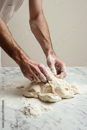 Men's hands knead the dough