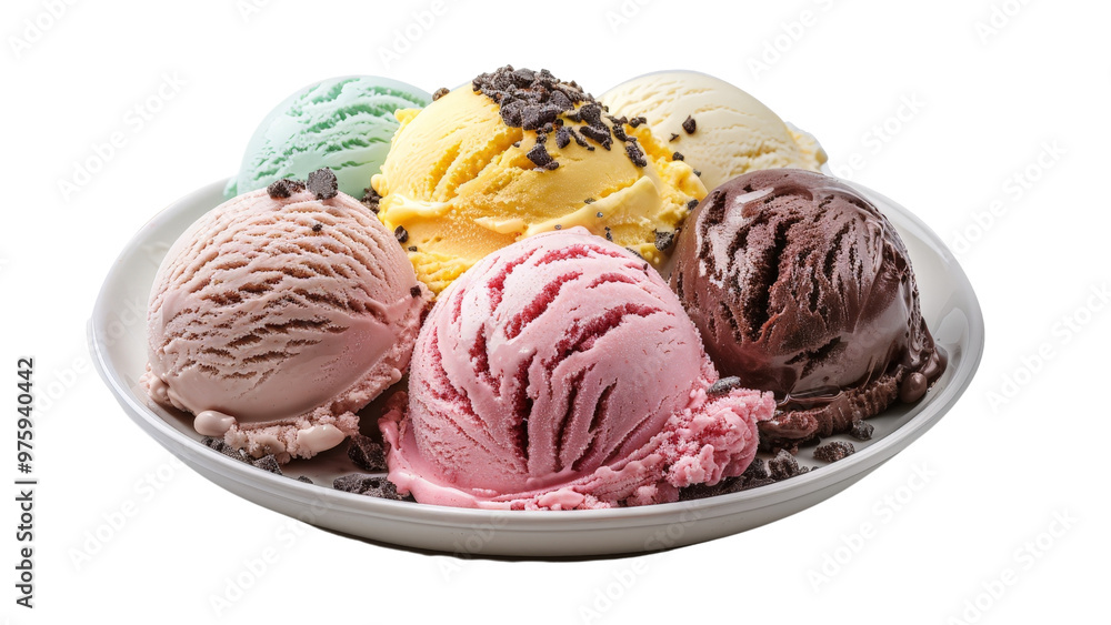 Artistic plate of assorted gelato flavors in different colors, isolated on a white background Artistic plate of assorted gelato flavors in different colors, isolated on a white background