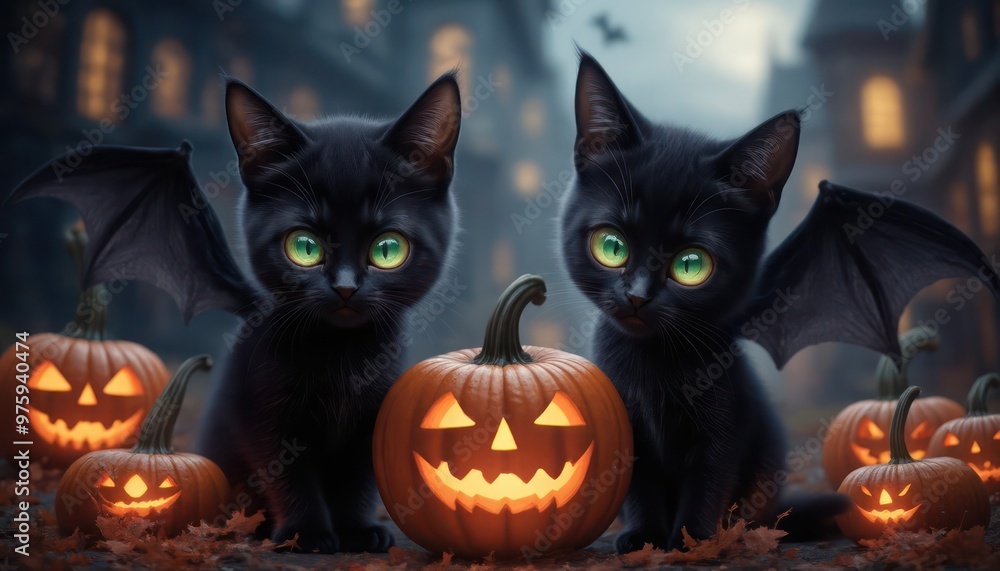Halloween banner featuring a cute blak cats Halloween attributes, small pumpkins on orange and black background Halloween banner featuring a cute blak cats Halloween attributes, small pumpkins on orange and black background