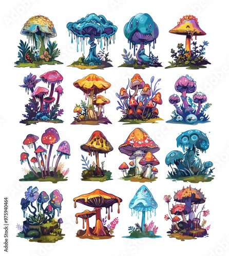 Enchanted alien mushrooms blooms cartoon vector series. Extraordinary magic plants leaves stems spores bushes strange fantasy vegetation botany illustration isolated on white background