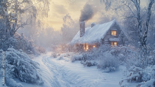 A snow-covered pathway leading to a cozy cabin, with smoke rising from the chimney and snow all around.