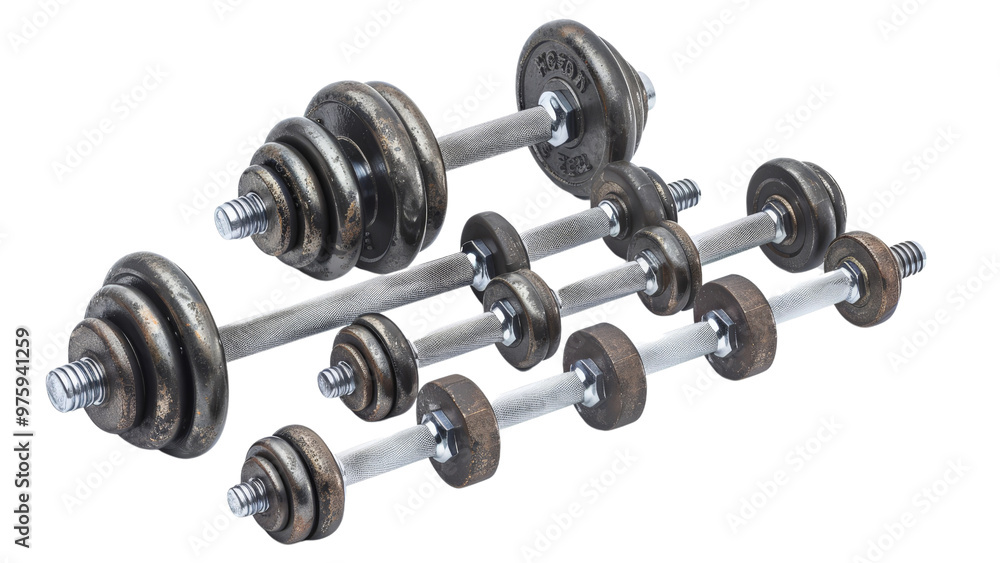 A set of dumbbells in various weights, isolated on a white background A set of dumbbells in various weights, isolated on a white background