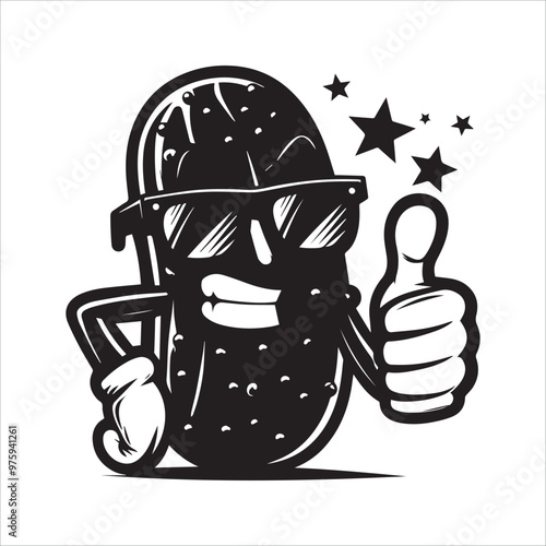 A Groovy Pickle Cartoon Character with a bad Attitude wearing Sunglasses and giving an enthusiastic Thumbs Up vector illustration silhouette