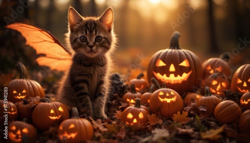 Halloween background cute tabby cat pumpkins spooky dark background