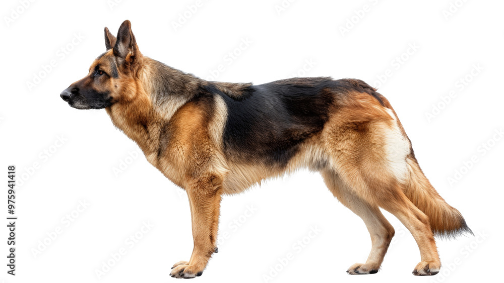 A sleek and strong German shepherd standing alert, isolated on a white background. A sleek and strong German shepherd standing alert, isolated on a white background.