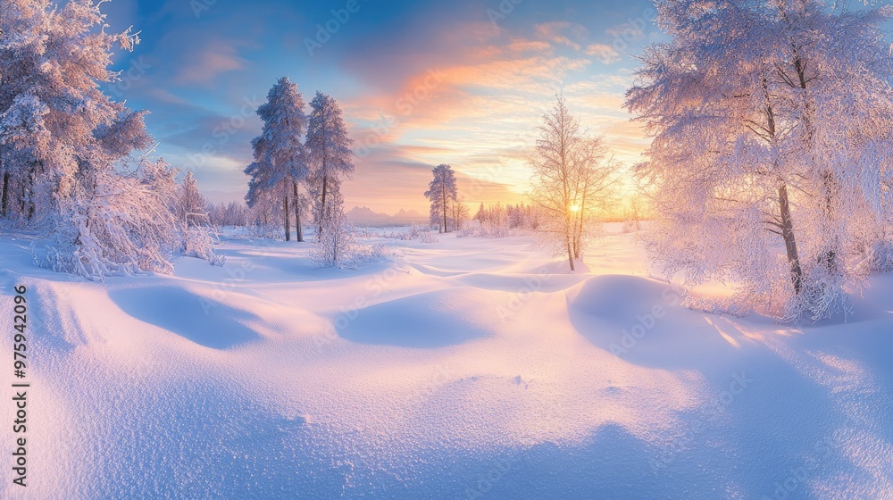 A winter sunrise over a snowy landscape, with the first light of the day reflecting on the snow-covered ground. A winter sunrise over a snowy landscape, with the first light of the day reflecting on the snow-covered ground.