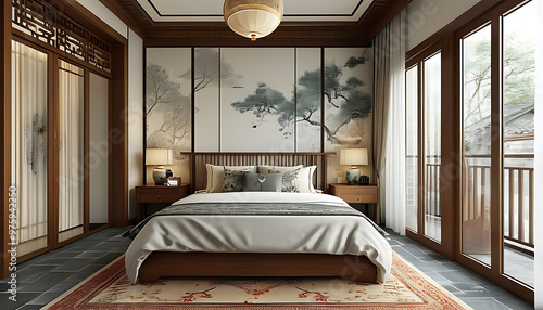 Traditional Chinese style guest room in a renovated Inn, blending traditional and modern design elements photo