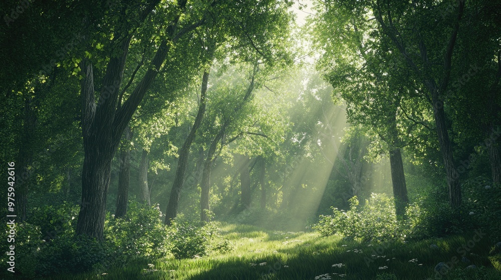 Obraz premium A peaceful forest scene with sunlight streaming through the branches of lush trees, creating a calming, serene atmosphere.