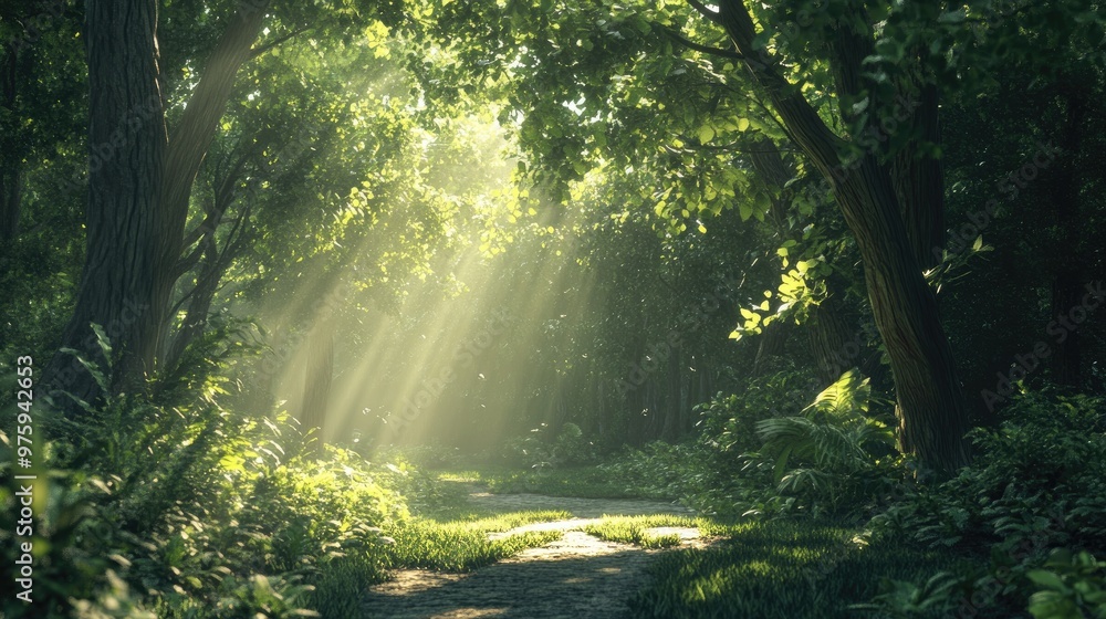 Obraz premium A peaceful forest scene with sunlight streaming through the branches of lush trees, creating a calming, serene atmosphere.
