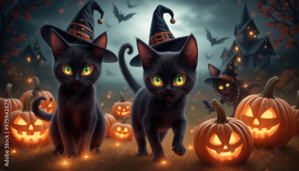 Halloween banner featuring a cute blak cats Halloween attributes, small pumpkins on orange and black background Halloween banner featuring a cute blak cats Halloween attributes, small pumpkins on orange and black background