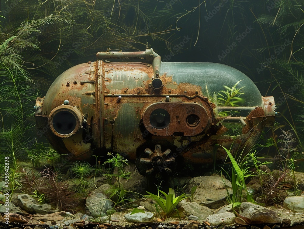 Fototapeta premium A rusty, vintage submarine lies on the bottom of a lush, underwater forest.