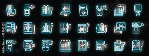 This vector illustration features a neon icon set of various medical devices, perfect for projects related to healthcare, technology, and innovation