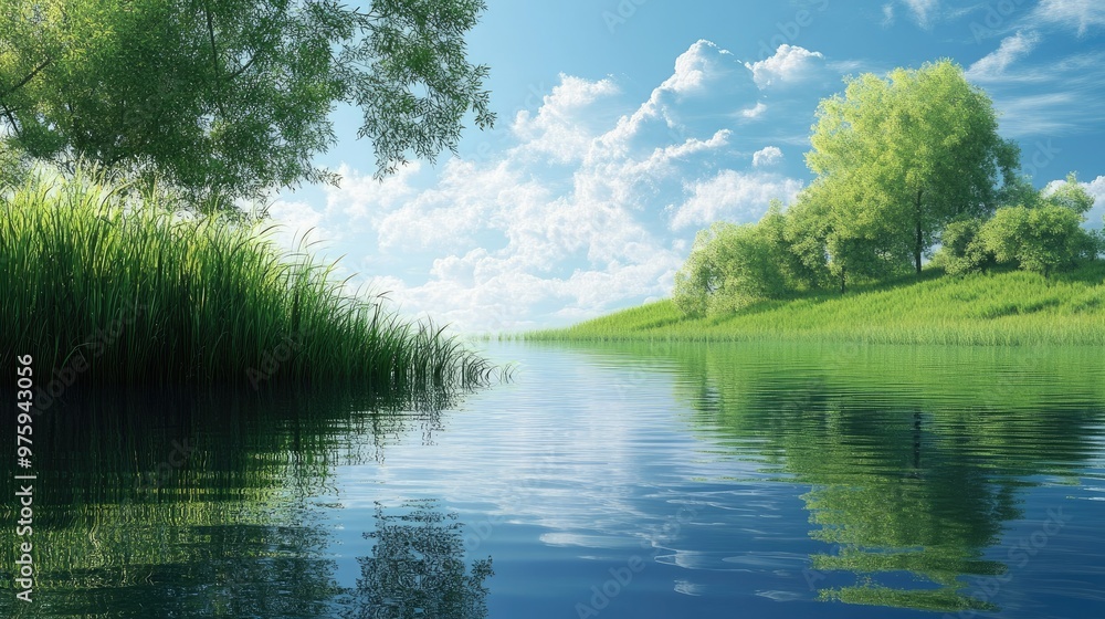 Fototapeta premium A peaceful water surface with gentle reflections and lush green grass framing the scene, creating a tranquil natural landscape