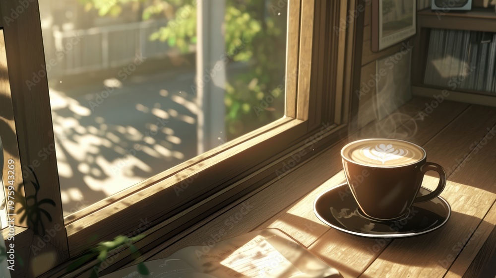 A Cup of Coffee by the Window, Sunlight Streaming Through the Glass, Warm and Inviting Atmosphere A Cup of Coffee by the Window, Sunlight Streaming Through the Glass, Warm and Inviting Atmosphere