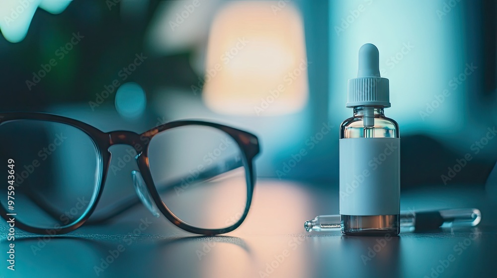 Close-up of an eye drop bottle used for post-cataract surgery care, placed next to glasses on a table. Close-up of an eye drop bottle used for post-cataract surgery care, placed next to glasses on a table.