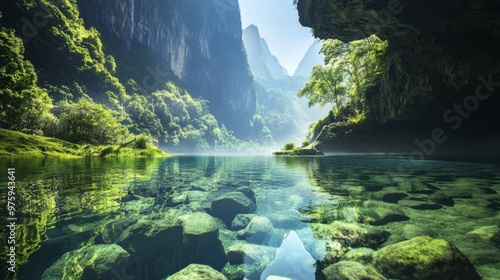 An untouched high mountain lagoon with transparent waters, surrounded by dense pine trees and rocky cliffs. The sky is overcast, adding a moody feel to the scene.