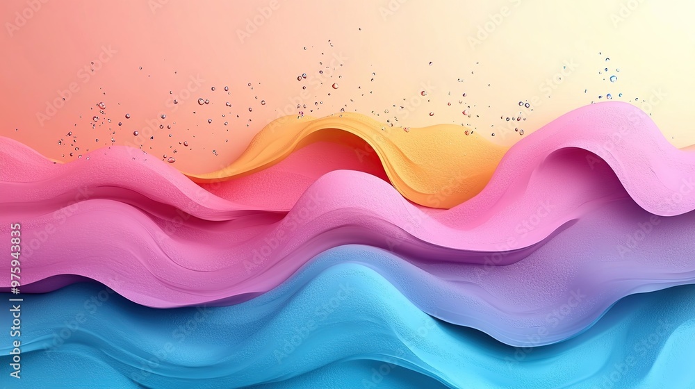 Abstract background with pastel blue, pink and yellow waves and water drops. Abstract background with pastel blue, pink and yellow waves and water drops.
