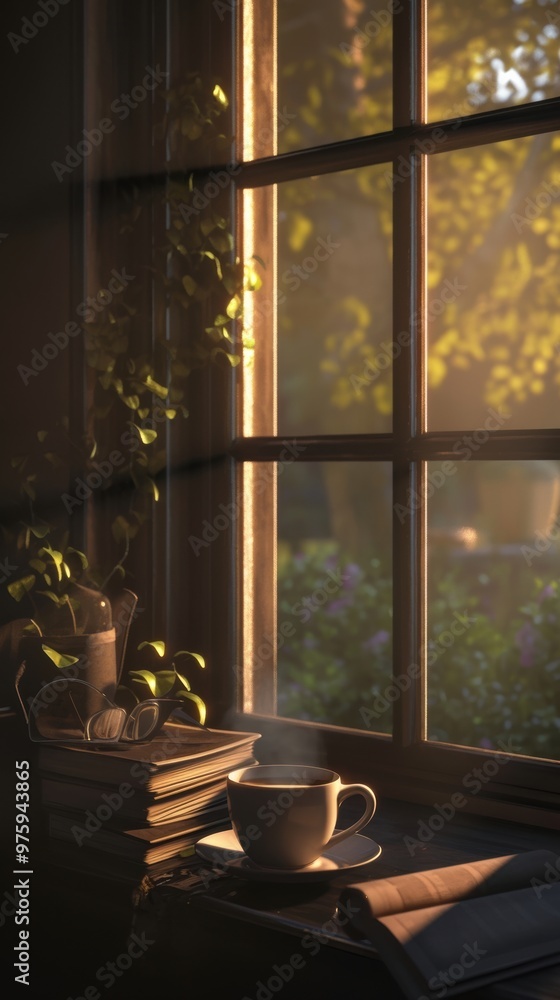 A Warm Cup of Coffee by the Window With Books and the Morning Sunlight Streaming In A Warm Cup of Coffee by the Window With Books and the Morning Sunlight Streaming In