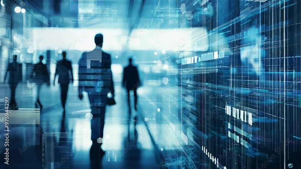 Defocused business people walk through a high-tech digital space filled with vibrant data visuals during the evening hours Defocused business people walk through a high-tech digital space filled with vibrant data visuals during the evening hours