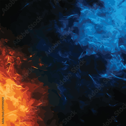 An abstract representation of fire and water merging seamlessly, with vibrant orange and cool blue hues captivating artwork evokes sense of balance between opposing forces