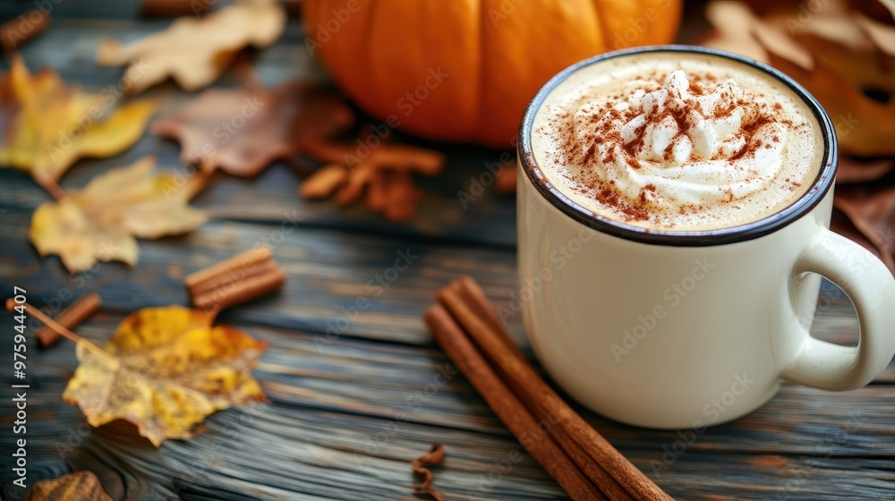 Pumpkin spice latte on a wooden table with cinnamon sticks, surrounded by autumn leaves. Pumpkin spice latte on a wooden table with cinnamon sticks, surrounded by autumn leaves.