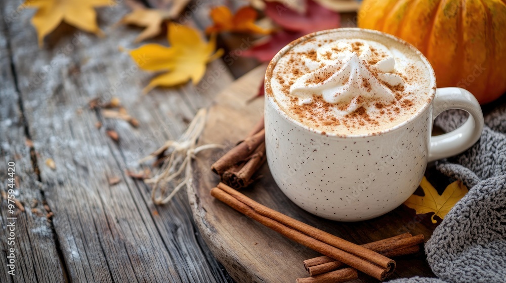 Pumpkin spice latte on a wooden table with cinnamon sticks, surrounded by autumn leaves. Pumpkin spice latte on a wooden table with cinnamon sticks, surrounded by autumn leaves.