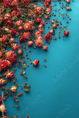 A blue background with a bunch of red roses. The roses are scattered all over the background, creating a beautiful and serene atmosphere photo