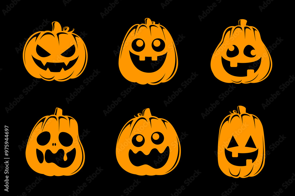 Jack O Lantern Set, Cute Creepy Spooky Halloween Pumpkin, Fall Autumn Sticker Print Illustration Jack O Lantern Set, Cute Creepy Spooky Halloween Pumpkin, Fall Autumn Sticker Print Illustration