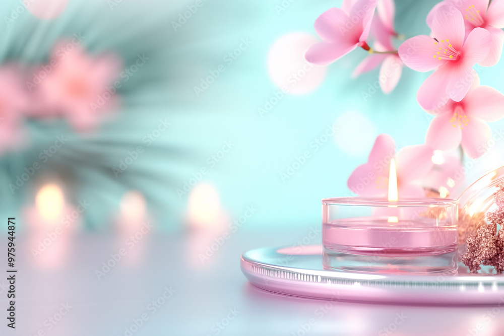 A calming arrangement featuring a small candle and delicate cherry blossoms, set against a tranquil background with soft lighting and reflections A calming arrangement featuring a small candle and delicate cherry blossoms, set against a tranquil background with soft lighting and reflections