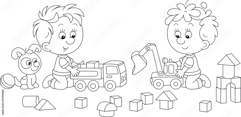 Happy little boys with a small puppy friendly talking, romping and playing with their toy cars and baby cubes in a playroom, black and white vector cartoon illustration for a coloring book