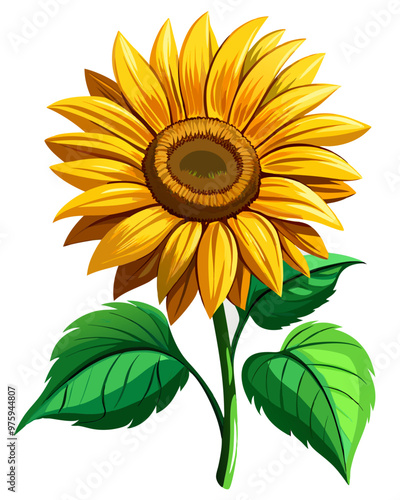 A vibrant and radiant sunflower, petals of golden yellow radiating outwards, a detailed and textured brown center, lush green leaves and stem, realistic rendering, photographic quality.