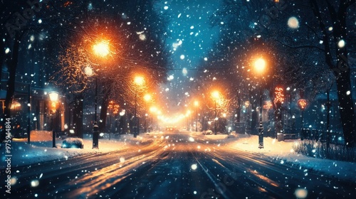 Snow falling on a city street at night, with streetlights glowing through the snowfall.