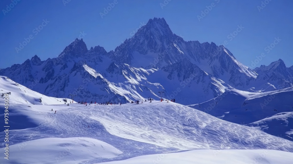 Snow-covered mountains under a bright blue sky, with skiers and snowboarders enjoying the slopes Snow-covered mountains under a bright blue sky, with skiers and snowboarders enjoying the slopes