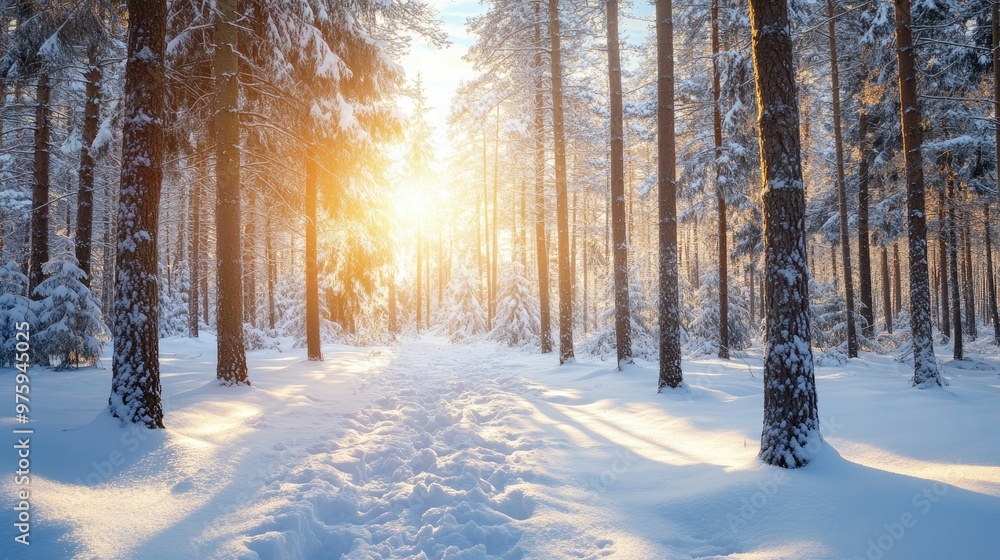 Snow-covered pine trees in a peaceful winter forest, with sunlight streaming through the branches. Snow-covered pine trees in a peaceful winter forest, with sunlight streaming through the branches.