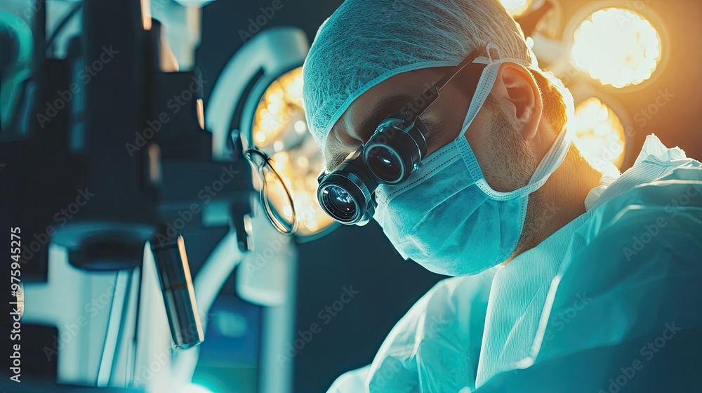 Surgeon carefully performing a delicate cataract surgery procedure under bright operating room lights.