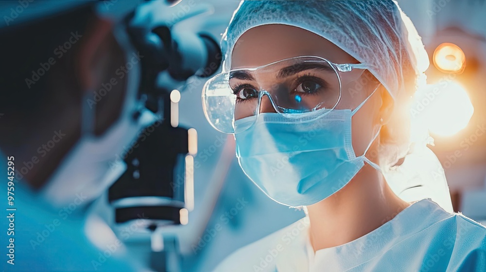 Surgeon carefully performing a delicate cataract surgery procedure under bright operating room lights. Surgeon carefully performing a delicate cataract surgery procedure under bright operating room lights.