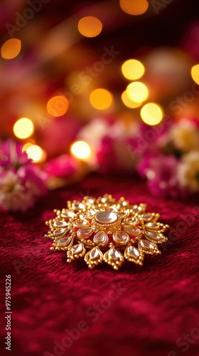 Golden maang tikka sparkling on a deep maroon-to-crimson velvet cloth, with subtle floral garlands in the background, Copy space, happy Diwali background, traditional, Indian festival photo