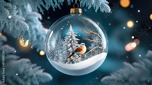 Decorative crystal clear glass ball hanged in snowy forest with little bird inside. Postproducted generative AI illustration. photo